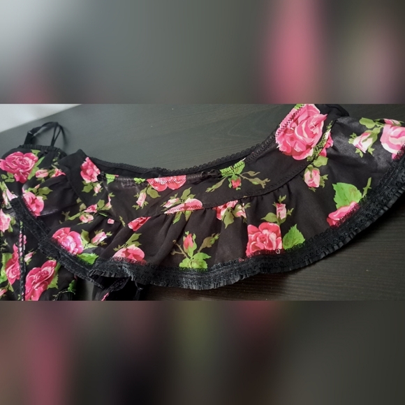 Pink Bustier Floral Corset Sheer Black Back Eye & Hook Top & Bottom Size 36B - Picture 2 of 6